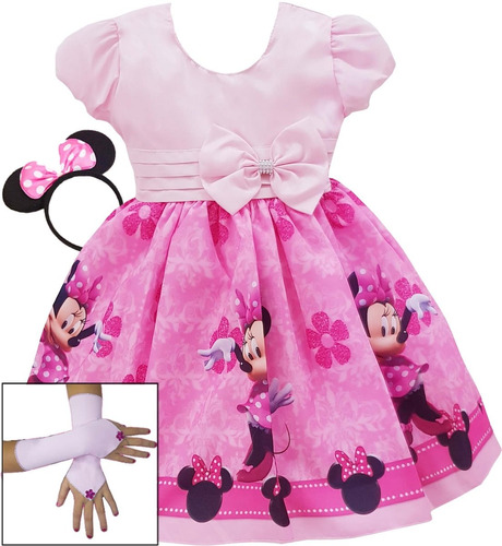 Vestido Minnie Rosa Festa Infantil Com Kit Completo