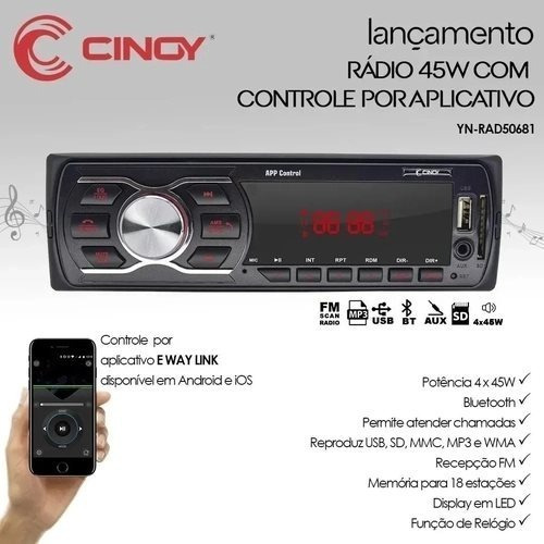 Som automotivo Cinoy YN-RAD50681 com USB, bluetooth e leitor de cartão SD