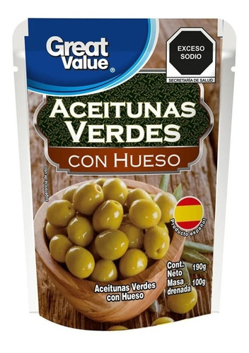 4 Aceitunas Verdes Great Value Con Hueso 190g C/u