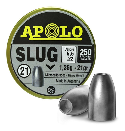Imagen 1 de 10 de Balines Apolo Slug X250 5.5 Mm - Punta Solida Hueca 21 Gr
