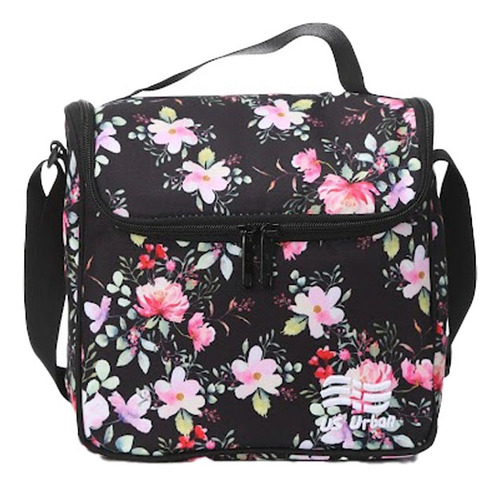 Set Mochila Escolar Carrito Con Lonchera Y Lapicera Flores Color Negro Diseño de la tela Estampado