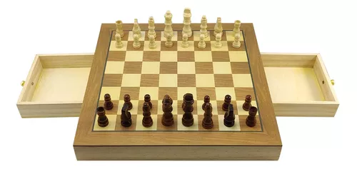 Conjunto Peças e Tabuleiro de Xadrez com gaveta 43×43 Linheiro e