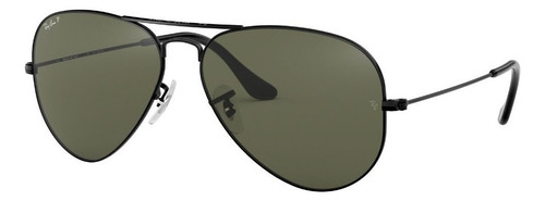 Óculos de sol polarizados Ray-Ban Aviator Classic Standard armação de metal cor polished black, lente green de cristal clássica, haste polished black de metal - RB3025