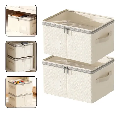 Organizadora Caixa Dobrável Algodão Linho Zíper Com Tampa Bege 24l 2pcs