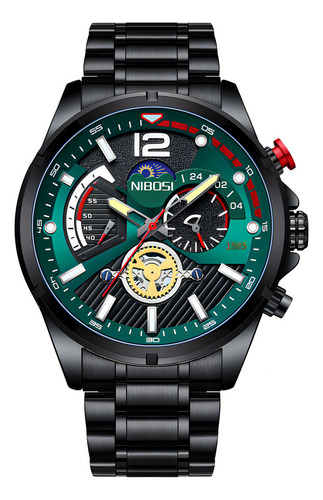 Reloj Cronógrafo De Cuarzo Nibosi Moon Phase Color Del Fondo Negro/verde