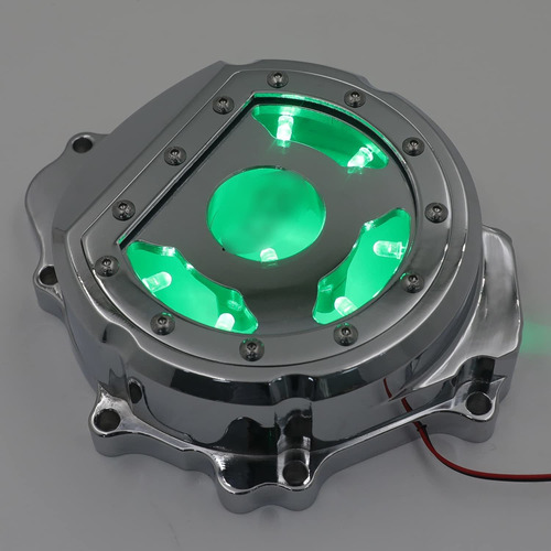 Httmt- Chrome W Green Led Left Engine Stator Cover Para Hond