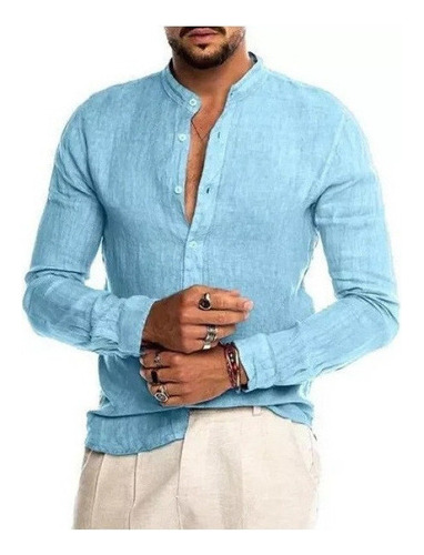 Camisa Hombre Tallas Grandes Color Sólido Algodón Lino