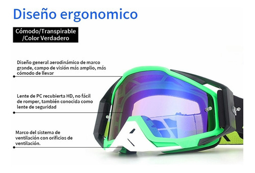 Gafas De Snowboard Motocross Esquí Moto Goggle Protección Uv Lente Azul Claro Armazón Verde