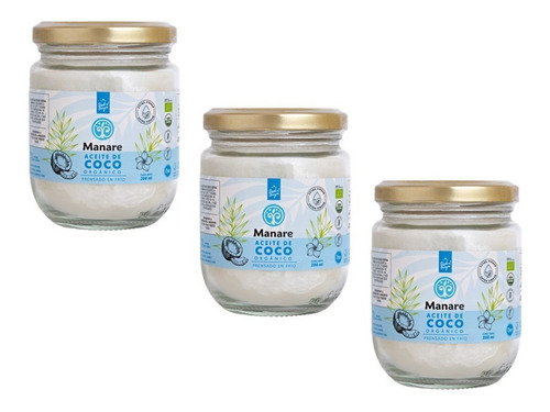 Packx3 Aceite De Coco Organico 200ml Prensado Al Frio Manare