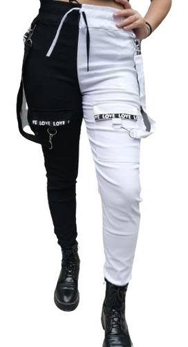 Pantalón Jogger Bicolor Negro /blanco Con Tirantes Juvenil 