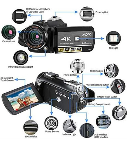 Videocámara 4k Ordro Uhd Cámara De Video De Visión Nocturna