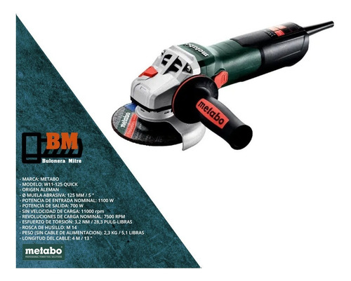 Amoladora Angular Metabo 115 Mm 1100 W Quick Alemana 3,2 Nm