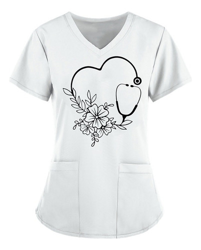 Uniforme De Enfermera De Manga Corta Con Cuello En V Estampa