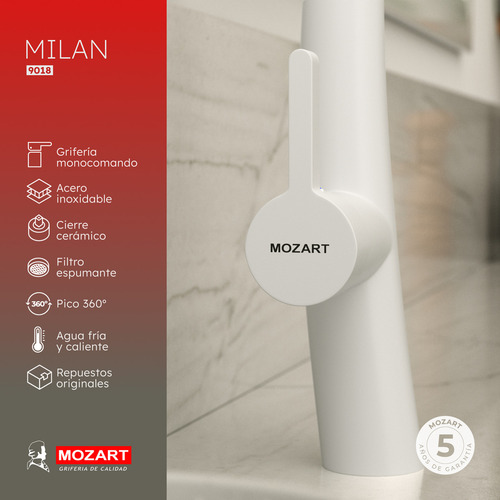 Grifería cocina canilla monocomando Mozart Milan premium color blanco de mesada 9018