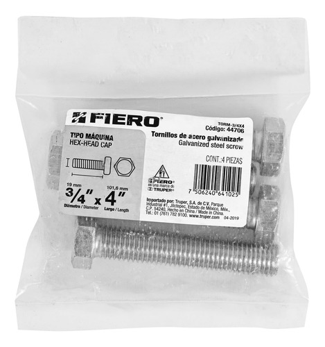 Set Con 4 Tornillos 3/4 X 4 Tipo Máquina, Fiero