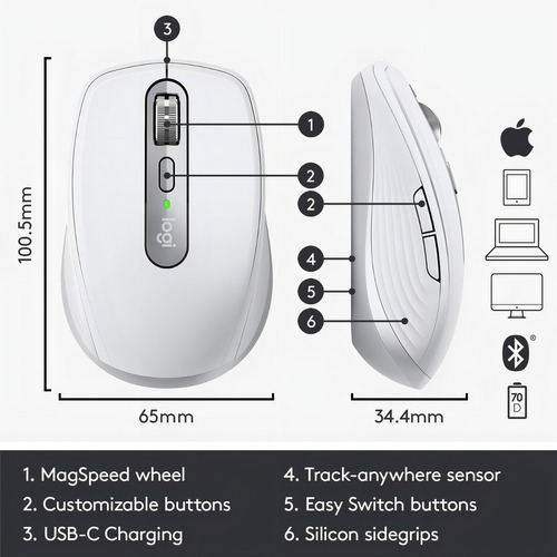 Mouse Logitech Mx Anywhere 3s Bluetooth/8k Usb-c Pale Grey