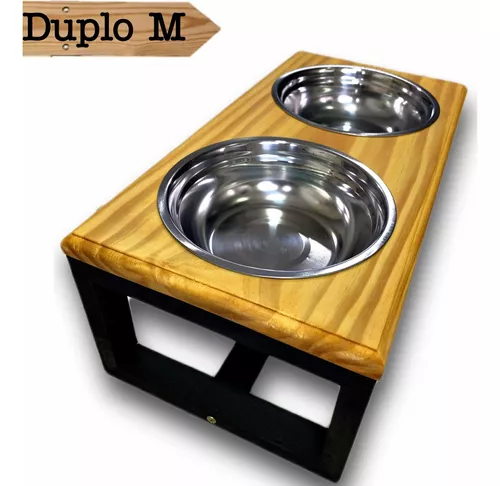 Comedouro Duplo Para Cachorro E Gato Pinus Com Pote Inox - G