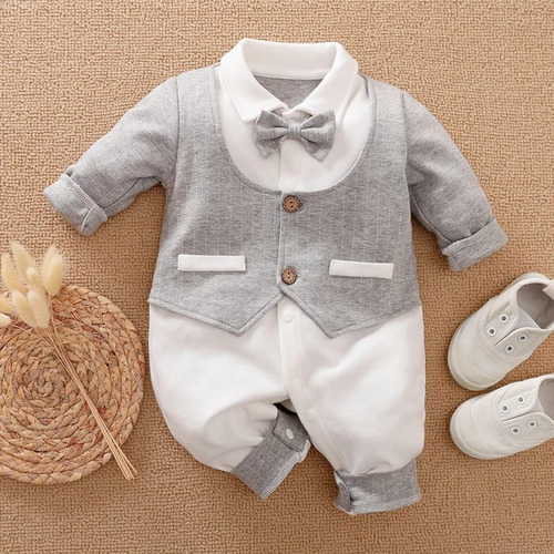 Terno Enterizo Elegante Bebe Gris Algodon Importado