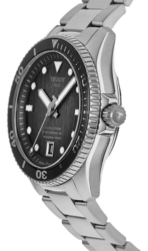Reloj Tissot T1208071105100 Seastar Automatico Agte Malla Plateado Bisel Negro Fondo Negro Y Gris