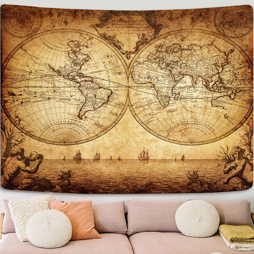 Mapa Del Mundo Vintage En Tela Para Decorar Paredes 203 X 15