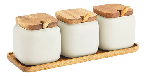 Contenedores Especieros Ceramica Tapa Cuchara Bambu Bandeja Color Blanco