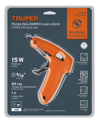Pistola Inalámbrica Para Silicón De 5/16 Recargable Ligera Naranja