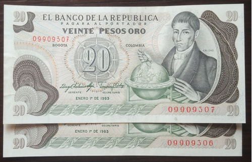 2 Billetes De 20 Pesos Oro, 1983.