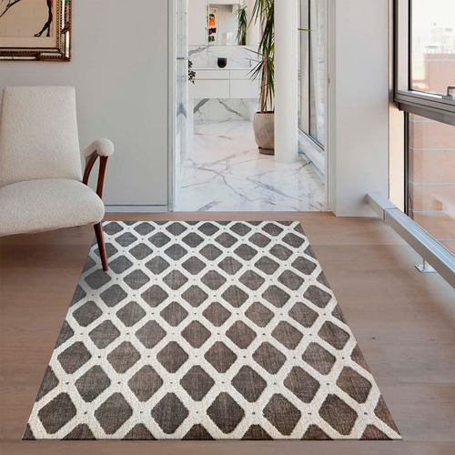 Alfombra Carpeta Plana 150x200 Estampado Yute Rombos Ancho 150 Cm Color Marrón Y Natural Largo 200 Cm