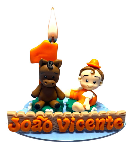 Vela Topo De Bolo Personalizado Biscuit Fazendinha Laranja