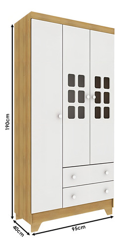 Armario infantil Malu con 3 puertas, madera de abedul blanco satinado