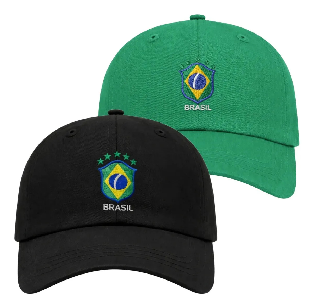 Kit 2 Bonés Aba Curvada Bordado Cores Especial Copa Brasil Preto E Verde Un