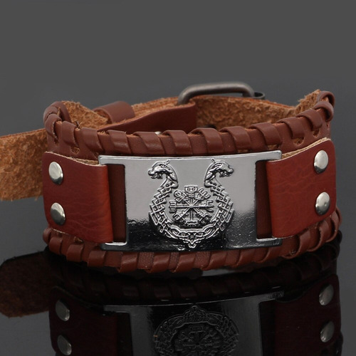Pulsera Brazalete Cuero Dragón Vikingo Nórdico Runas Hombre