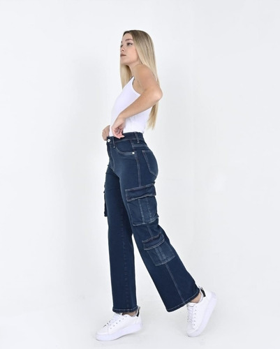 Jean Wide Leg Cargo Elastizado Costuras Blancas Diva