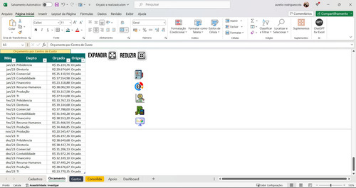 Planilha Dashboard Controle Orçado X Realizado
