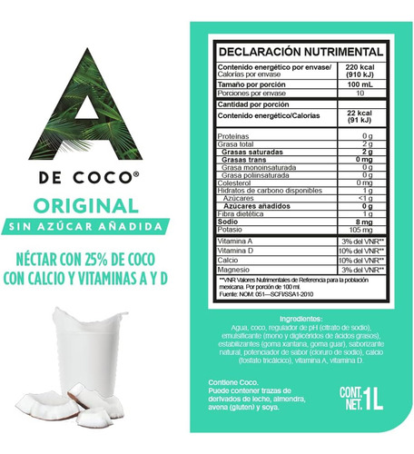 A De Coco Original Sin Azucar Añadida 1 L. (12 Pzs.)
