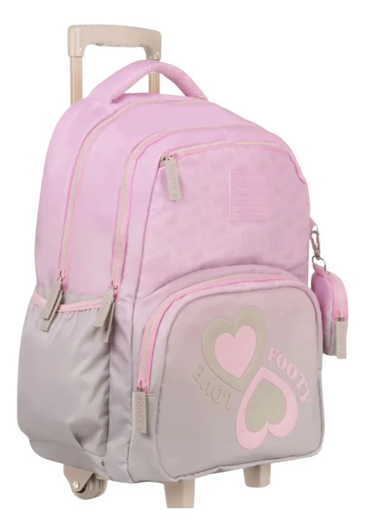 Mochila Escolar Footy Love Heart con Carrito para Niñas Rosa
