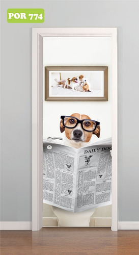 Imagem 2 de 4 de Adesivo De Porta Banheiro Cachorro Lendo Jornal P774