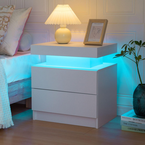 Juego De 2 Mesitas De Noche Led Con 2 Cajones Y Luz