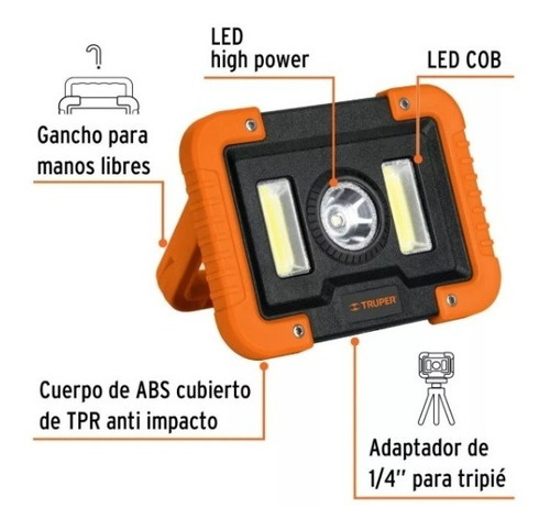 Imagen 2 de 6 de Reflector Led Truper Recargable Usb 1000 Lumens 14631