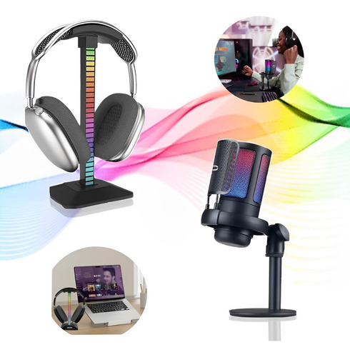 Kit Microfone De Mesa E Suporte Led Rgb P/ Headset Gamer Cor Preto