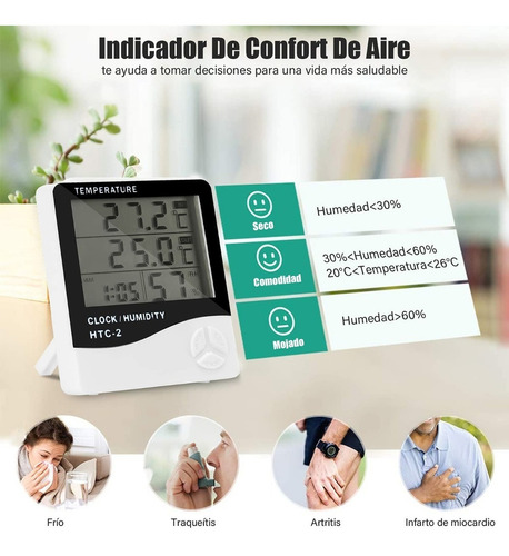 Termómetro Higrómetro Digital Interior Reloj Alarma Htc-2