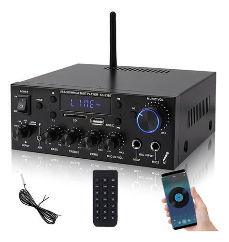 Amplificador Bluetooth Para Bocinas Audio 2 Canales Para Automóvil Y Hogar Alta Potencia Entrada Multimodo Calidad De Sonido Hifi Alta Fidelidad Con 2 Tomas De Micrófono Con Función Eco