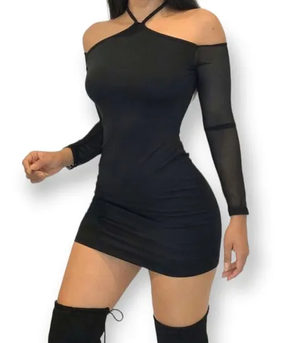 Vestido Mujer Modal Viscosa Mangas Largas Tul Cuello Pico