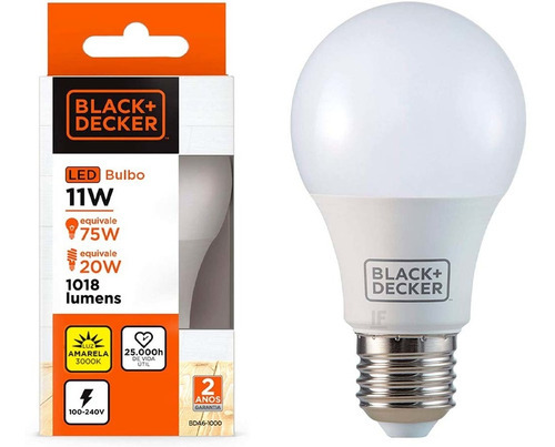Lámpara LED de enchufe de 11 W, E27, bivolt, negro + Decker, color blanco cálido, 110 V/220 V (bivolt)