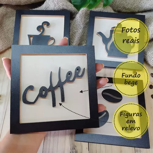 Quadro Decorativo Alto Relevo Hora Do Café Em Mdf Preto 1324