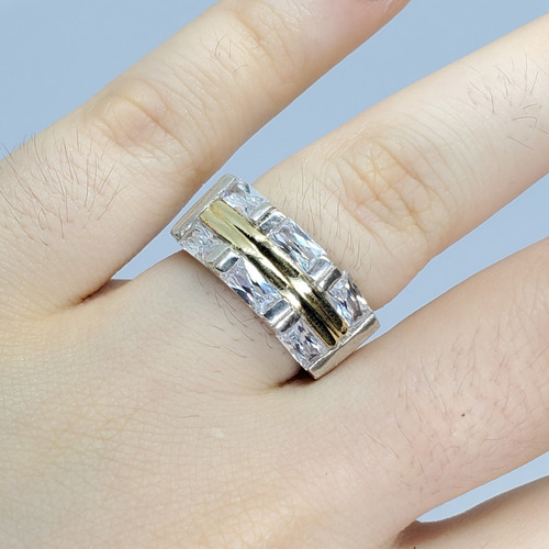 Imagen 4 de 10 de Anillo Plata Y Oro Piedra 6 Baguette Recto Blanco