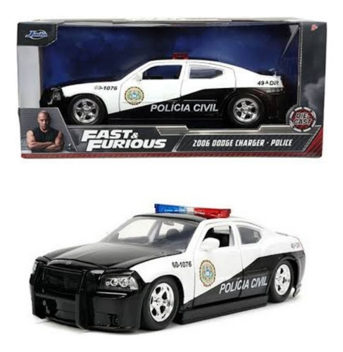 Miniatura 1/24 de Rápido y Furioso 2006 Dodge Charger Police, color negro y blanco
