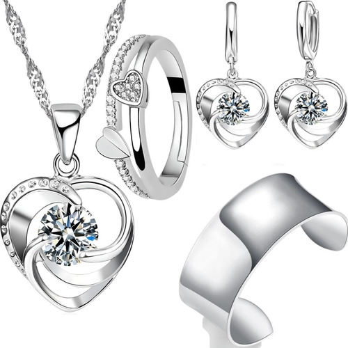 Conjunto Plata 925 Anillo Ajustable Aros Collar Pulsera Amor