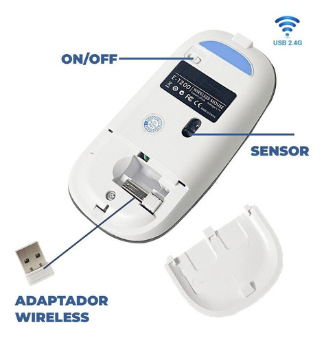 Elegante ratón inalámbrico recargable, silencioso, LED RGB, color blanco