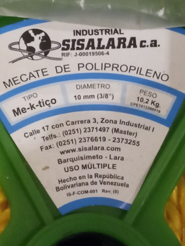 Mecate Polipropileno Sisalara 3/8 (10mm) X Rollo De 10,2kg.